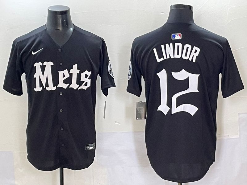 Men 2025 New York Mets #12 Lindor Black Five generations Joint Name Nike MLB Jersey style 1->new york mets->MLB Jersey